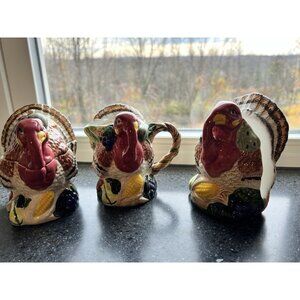 1997 Signed Turkey Creamer & Sugar Bowl & Napkin Holder Thanksgiving Fall Colors